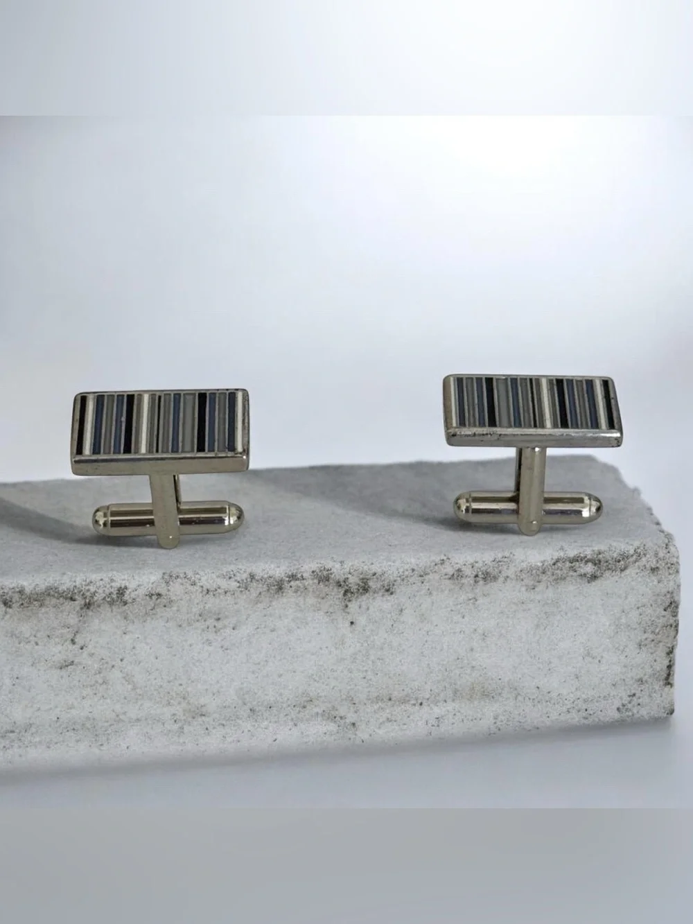 Merona Men’s Silver Tone Rectangular Silver & Black Striped Cufflinks
